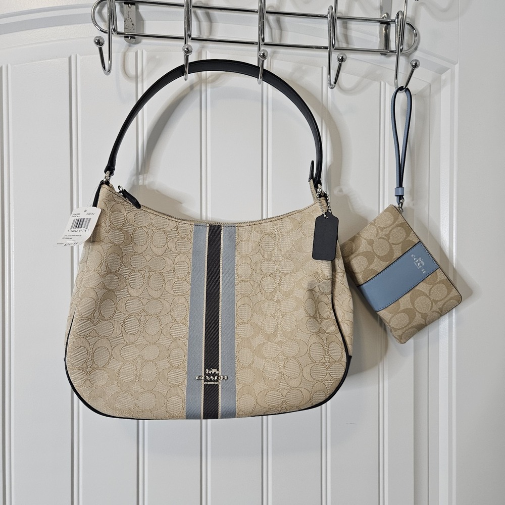 COACH SIGNATURE JACQUARD STRIPE ZIP HOBO F39042 SILVER/KHAKI MULTI  Wrislet Inc